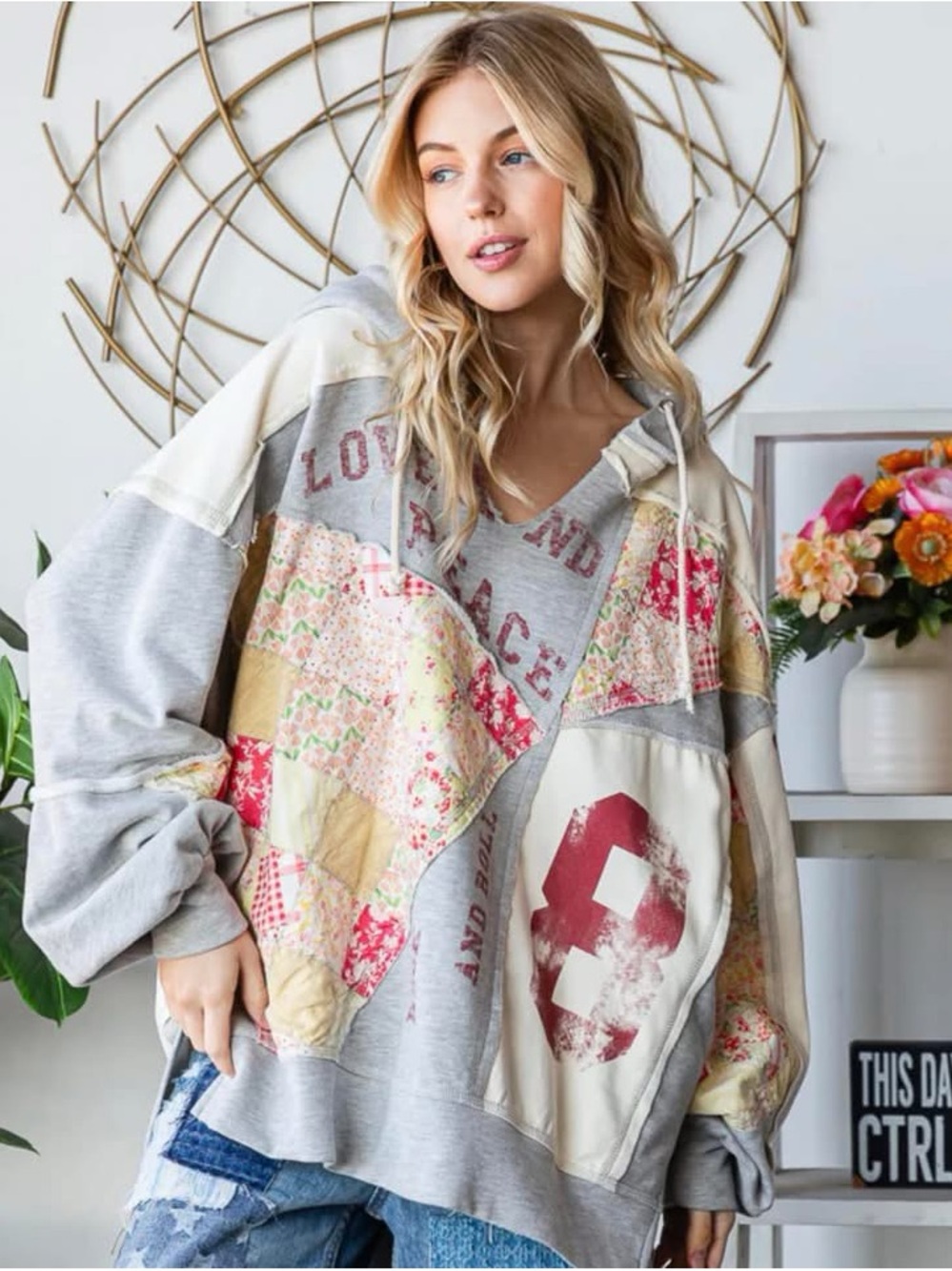 Oli & Hali Patchwork Pullover Hoodie with Vintage Graphic